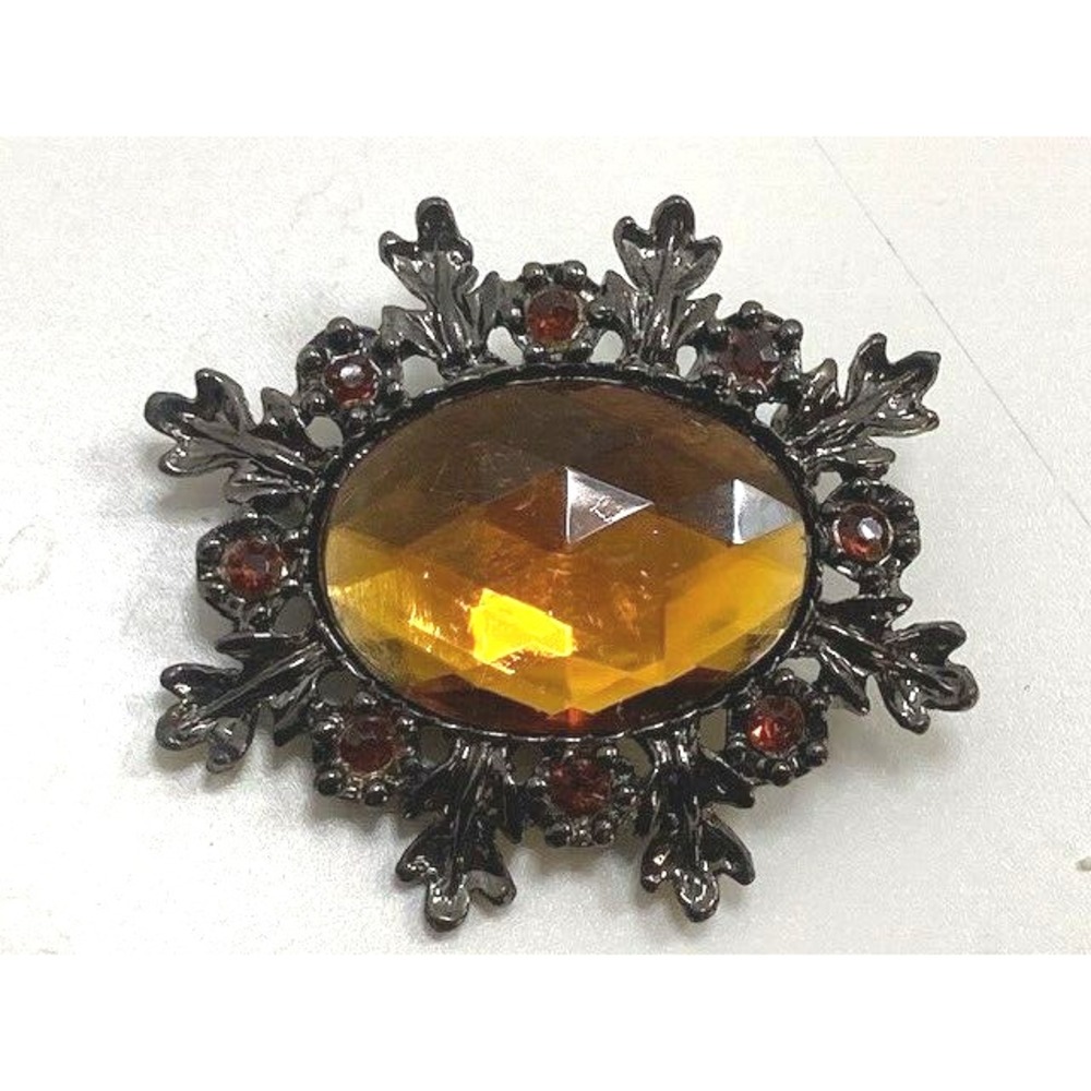 Vintage Amber Bronze Brown/Gold Stone Brooch with Red Jewels